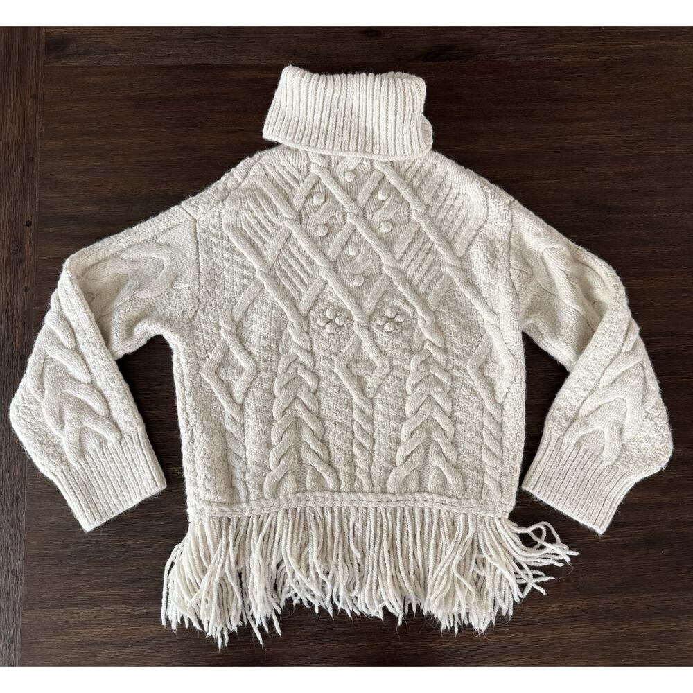 Zara Fisherman Sweater Cream Chunky Knit Fringed Hem Small - Picture 5 of 10